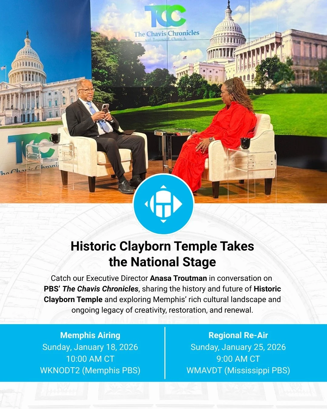 Memphis and Clayborn take the national stage on PBS this month!

Catch our Executive Director @anasatroutman on PBS&rsquo; @chavis.chronicles.tv, sharing the history and future of Historic Clayborn Temple and exploring Memphis&rsquo; legacy of creati
