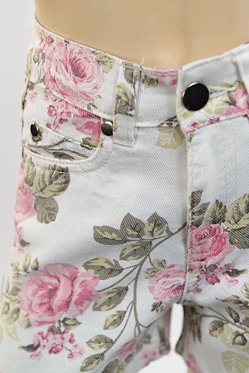9710 Rose Print White Denim Shorts 