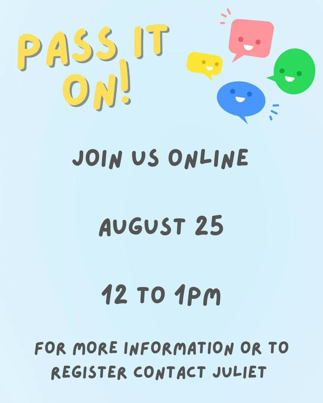 'Pass it On' will be online August 25, 12 to 1pm. With guest speaker Bettrys Lowe from St Bart's Toowoomba sharing with us in the topic "Teaching the Bible to Kids!"
Bettrys is currently the Director of Children, Youth, and Families at St B