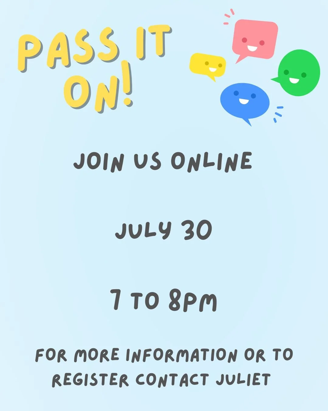 The next 'Pass it On' online session is coming up Thursday, July 30, 7 to 8pm with guest speaker Rev'd Micheal Stalley. He will be sharing from his experience in intergenerational ministry.  To register contact email Juliet Juliet.Briner@anglicanchur