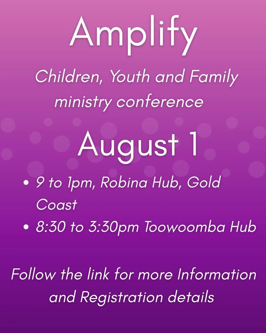 Amplify Children, Youth and Families conference, August 1, 2026, will be offered in different hubs around Australia. In Qld you can join Robina or Toowoomba hubs. Follow the link in the comments section.  #childrensministry #churchfamily #nextgenerat