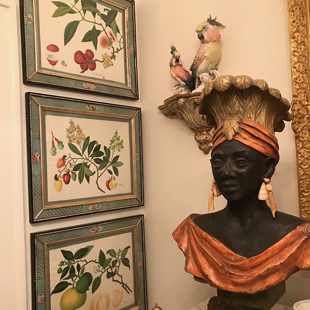 This week we framed and hung several antique botanical prints. We went to great lengths to select frames of an appropriate color and vintage...But nothing compliments the artwork more than a few ceramic parrots. #fineart #framing #arthandling #instal