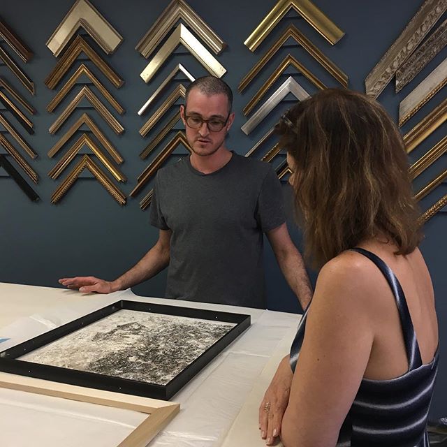 @davislooksee drops in to pick the perfect frame for the @themuseumofmodernart staff show #fineart #archivalframing #arthandling #moma #he's #single