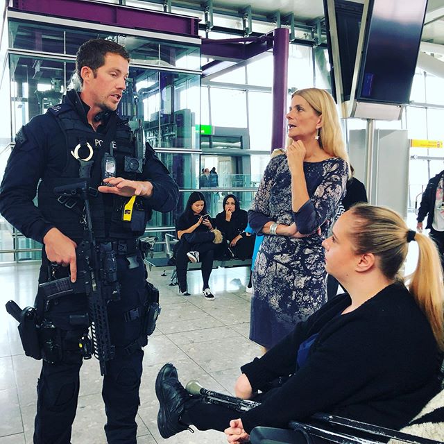 Today, our Passenger Services Group is at @heathrow_airport T5 observing the steps @metpolice_uk Officers and police dogs take to keep people safe through #ProjectServator. PSG member Haley is talking to Armed Response Officers about how they work wi