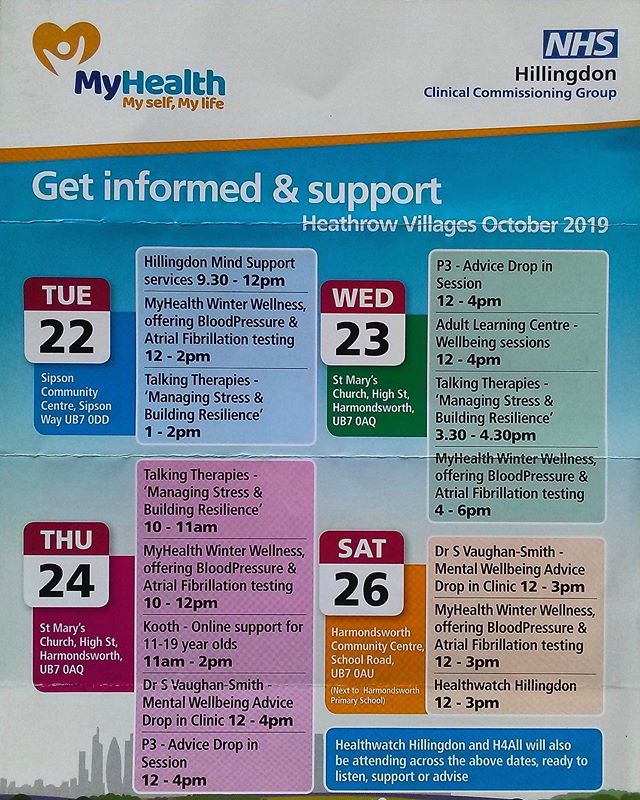 If you live in the Heathrow Villages in Hillingdon, @hillingdonccg are offering a range of information &amp; support sessions over the next few days.