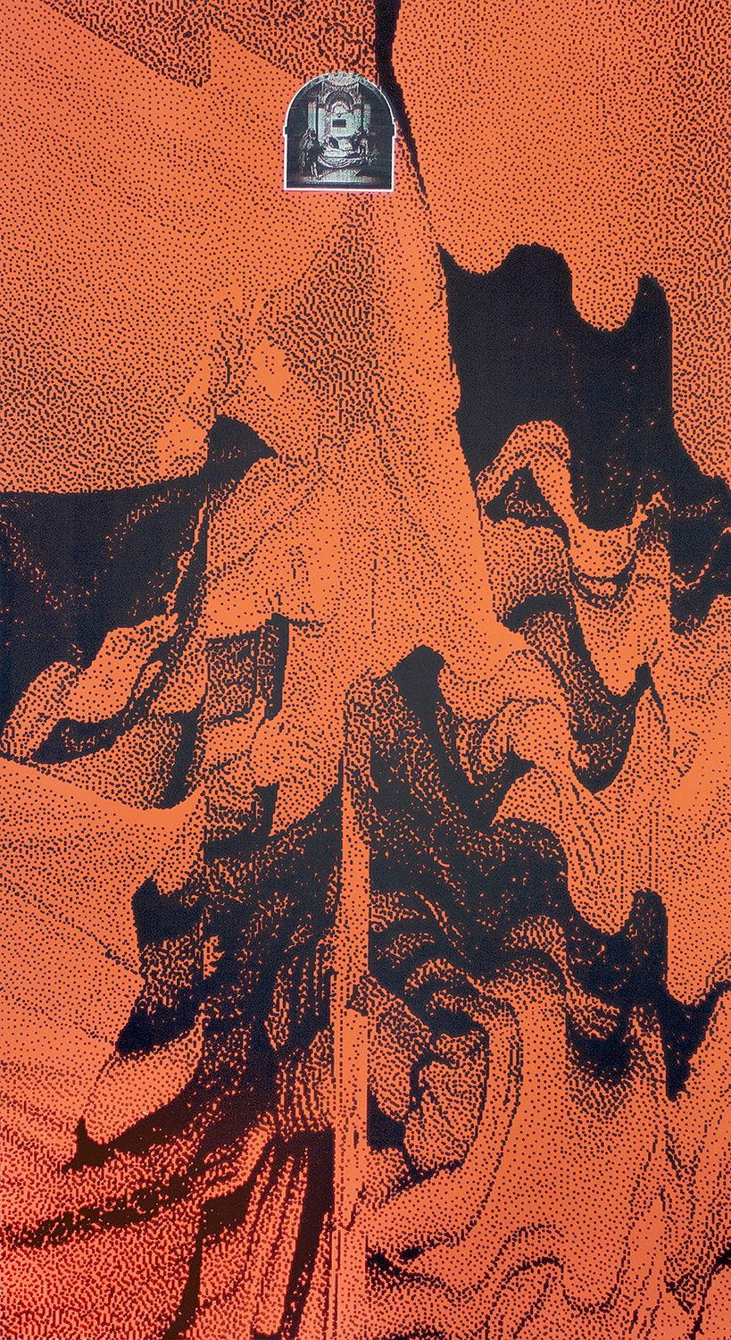 Pinholes through the hand, catching light from the ceiling (after E.fattorini, Storch & Kramer) . Screenprint and carbon transfer on paper. 55 x 100 cm