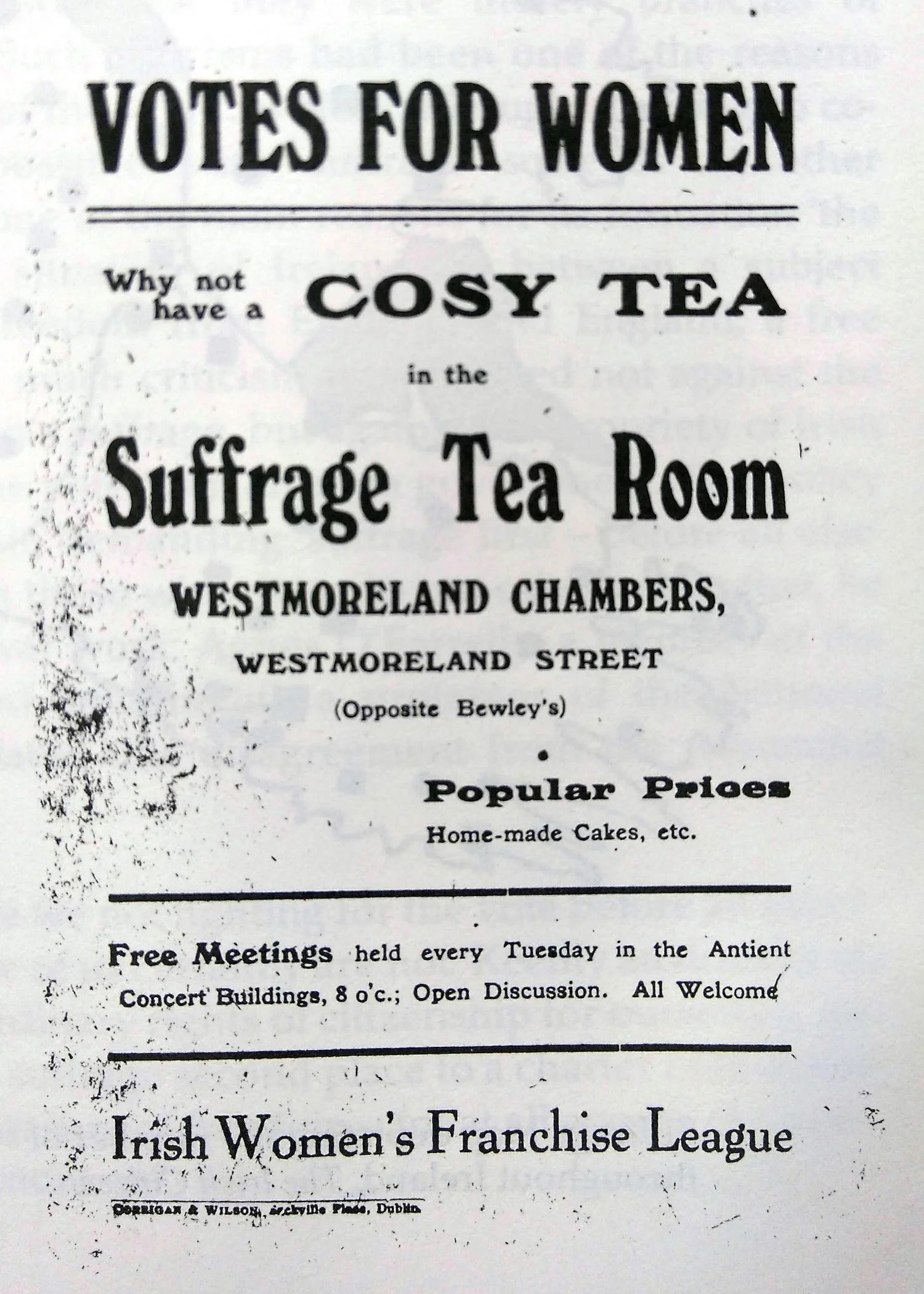 An advertisement for the IWFL Tea Rooms on Westmoreland St in Dublin, from Smashing Times by Rosemary Cullen Owens. Apologies for the shaky phone pic!