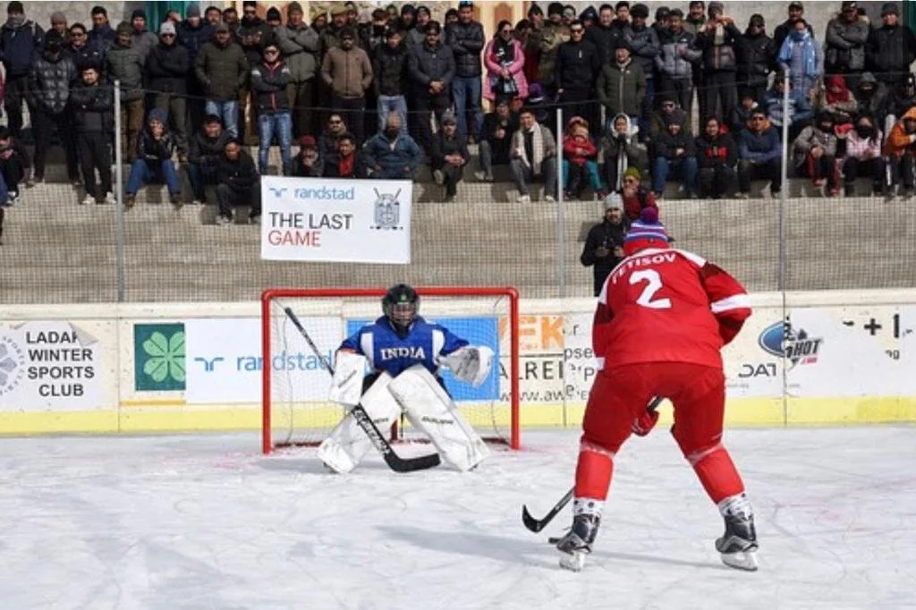 Famed Soviet defenseman Slava Fetisov takes his chances at The Last Game event in Ladakh.