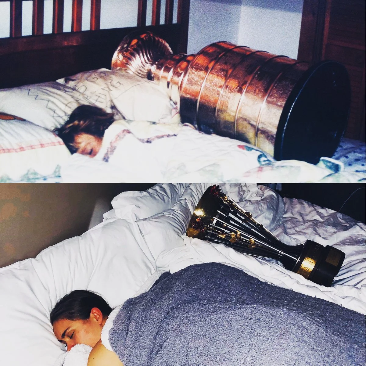 Carpenter with her father’s Stanley Cup (above), and her own WHL trophy (below).