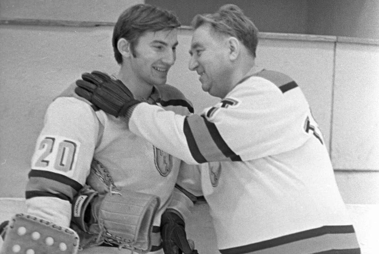 Tretiak with the father of Soviet hockey and his beloved Red Army coach, Anatoli Tarasov.