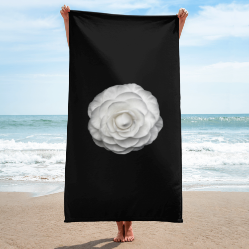 Black and White Coco Camelia Beach Towel