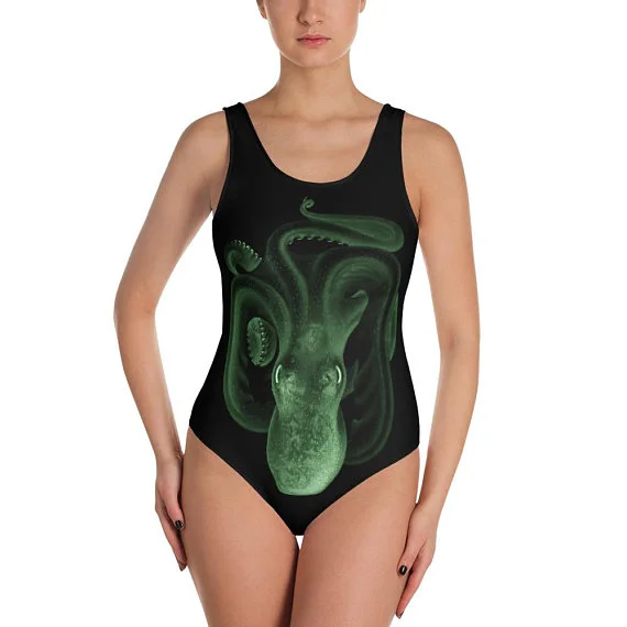 Green octopus Black Rose One-Piece Swimsuit