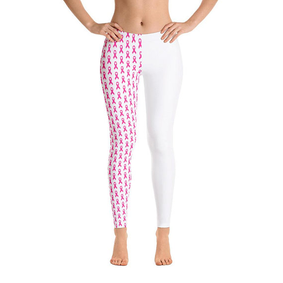 Small Pink Ribbon Half and Half white Leggings- Print Leggings