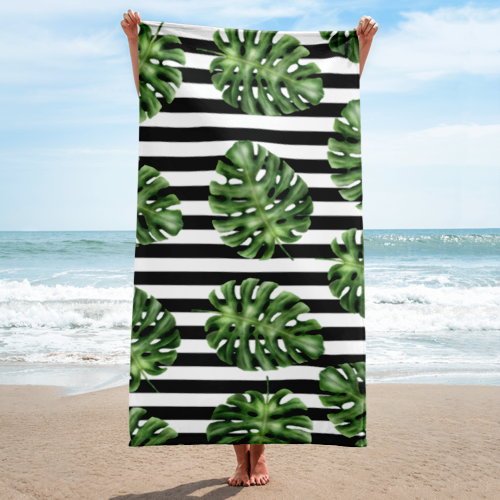 Black White Stripe Palm leaves beach Towel Print,  Print 30x60 inches