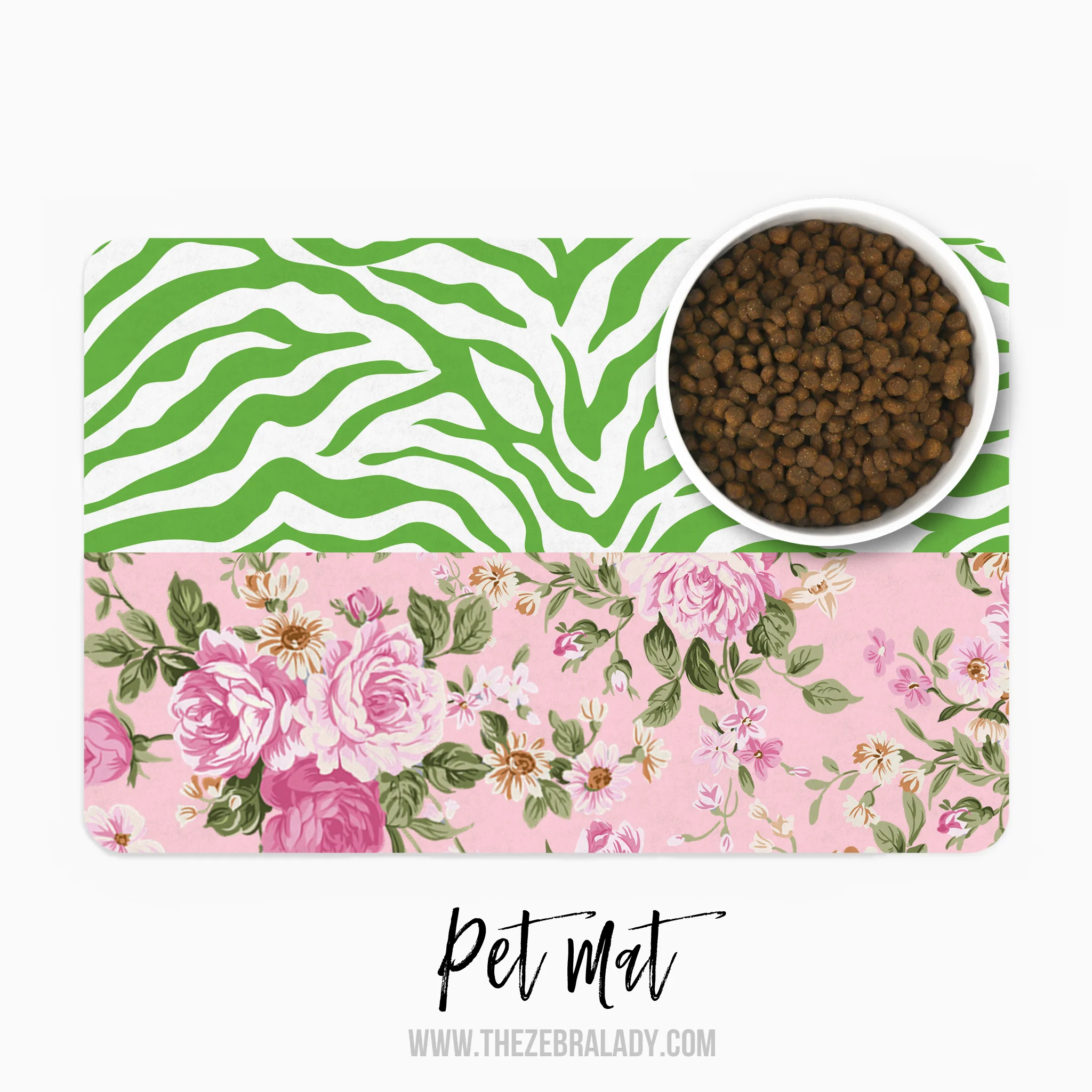 Green Zebra Pink French Flowers Print Pet Mat