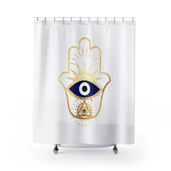 Hamsa Hand Blue Eye Evil Eye Digital Gold Foil Shower Curtain