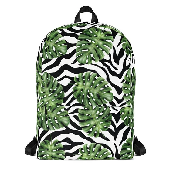  Zebra palm leaf leaves backpack, laptop backpack