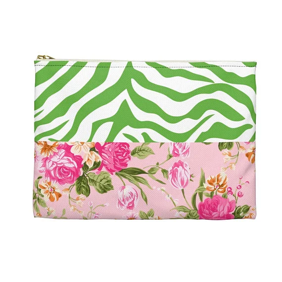 Chic Green Zebra With Chic Pink Flowers Accessory Pouch makeup bag
