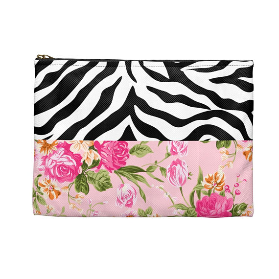 Chic Black Zebra With Chic Pink Flowers Accessory Pouch