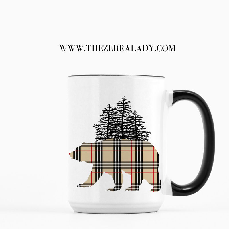  Tan Plaid Bear 15 oz White Mug with Black Handle Images on both sides