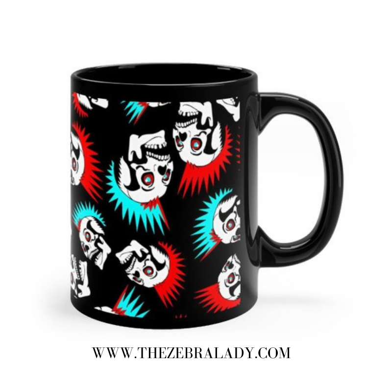 Punk Rock Mohawk Skull Turquoise And Red Black Mug 11 Oz