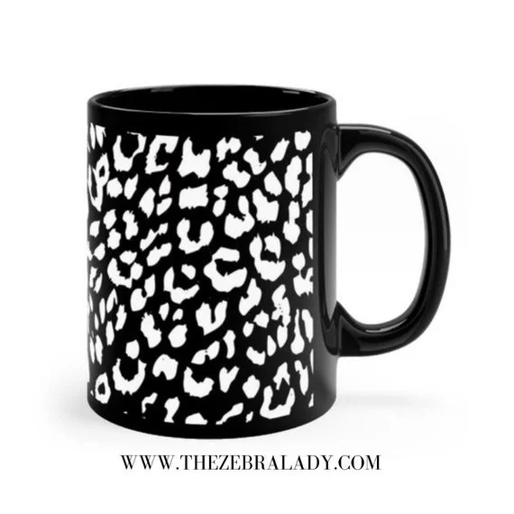 Black White Leopard Animal Print Black Mug 11 Oz