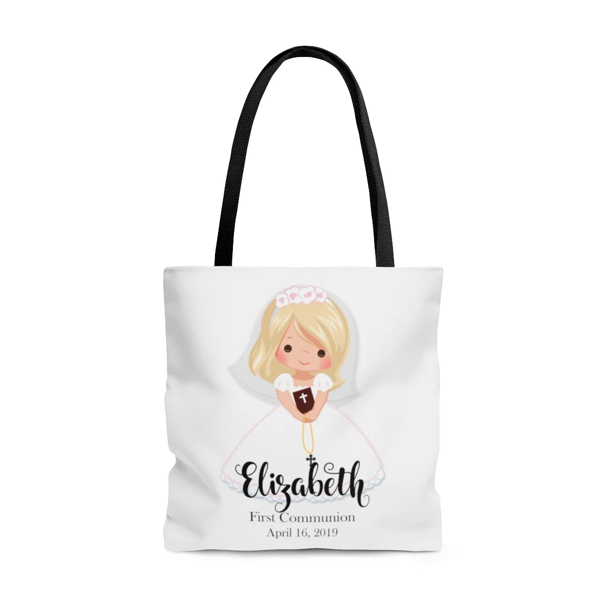 Personalize First Communion Tote Bag Black Strap Short Hair Girl