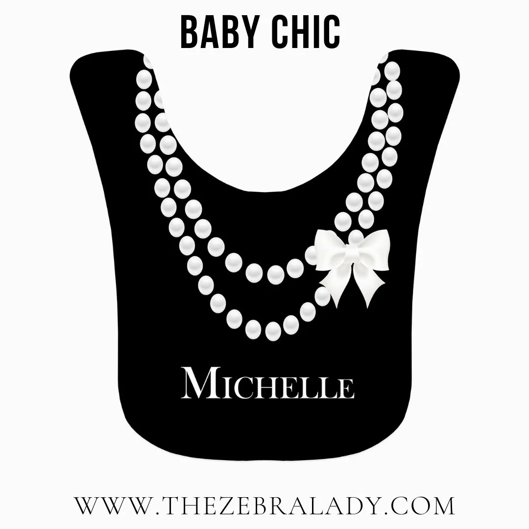 COCO Black Baby Bib White Pearls Necklace Personalized