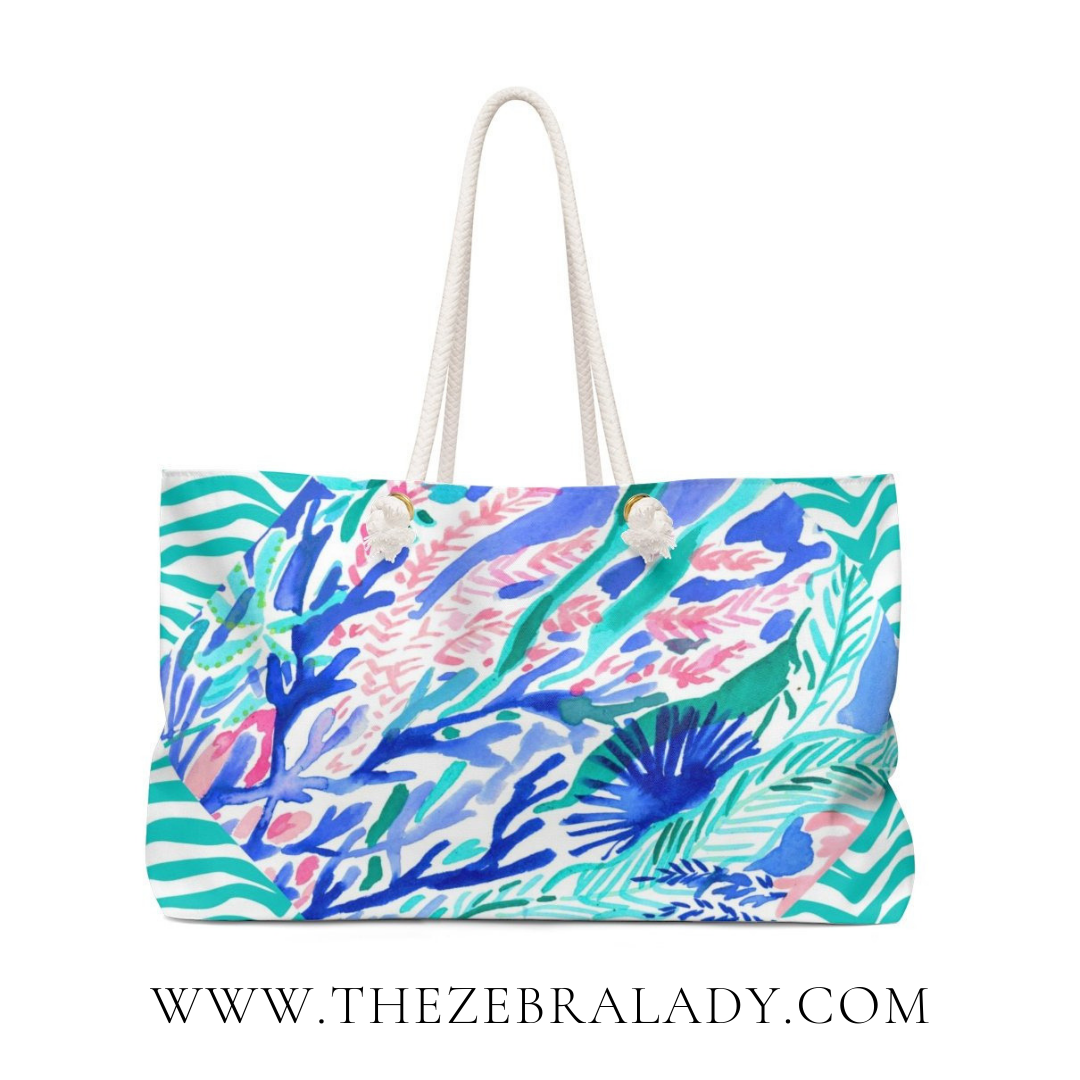 Preppy Chic Aqua Zebra Ocean Blue Rope Handle Tote Weekender Bag