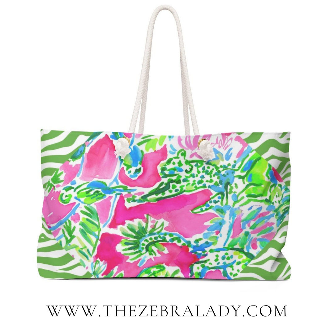 Preppy Chic Green Zebra Tropical Style Rope Handle tote 