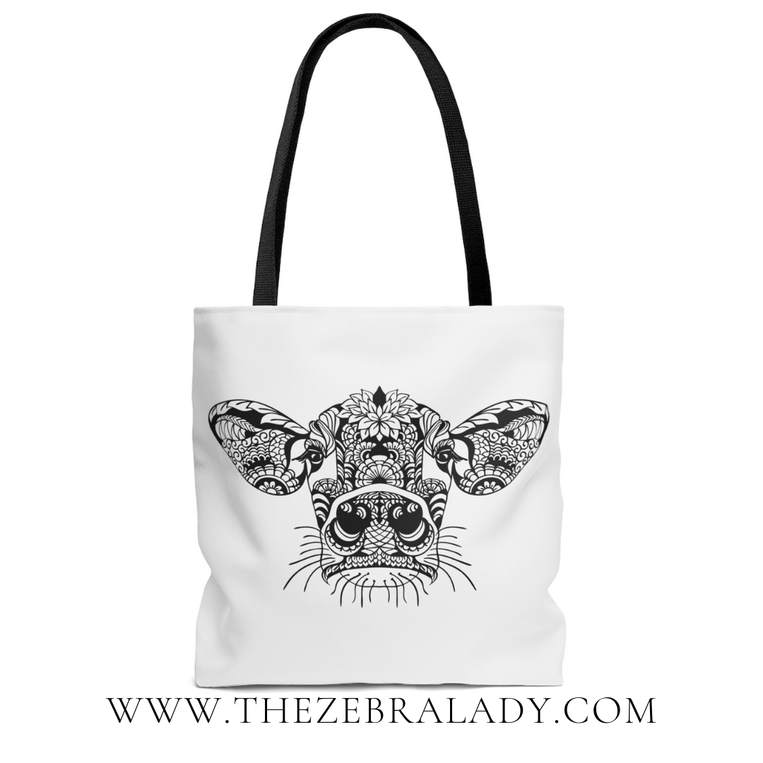  Mandala Cow Tote bag with Black Straps