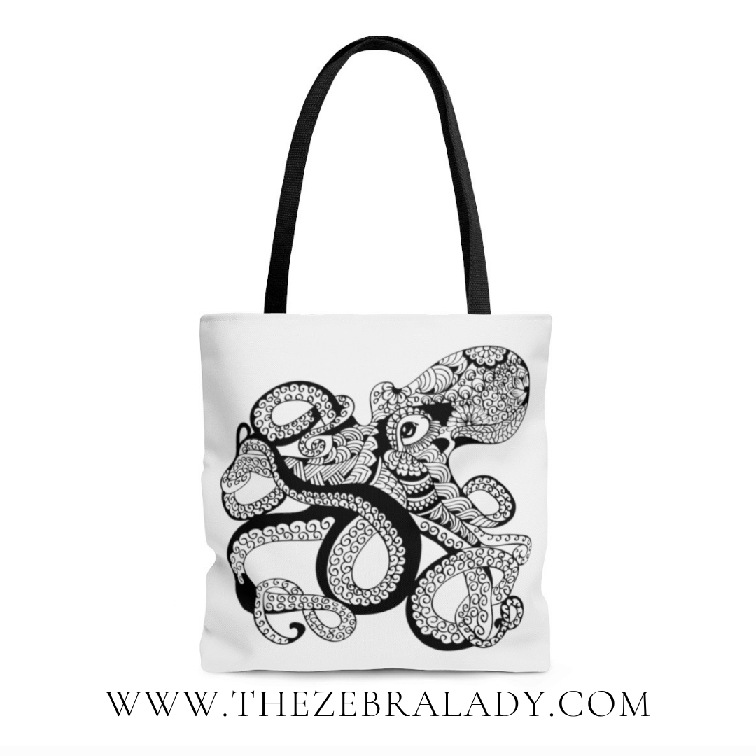  Mandala Octopus  Tote bag with Black Straps