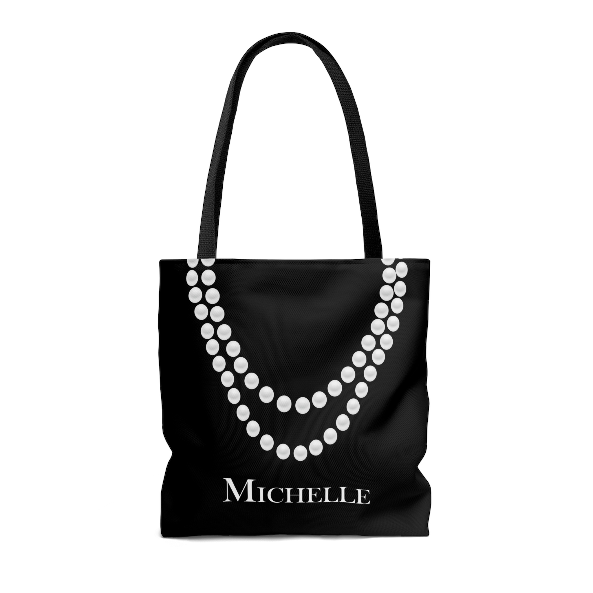 Personalize Chick Pearl Print Black handle Strap tote