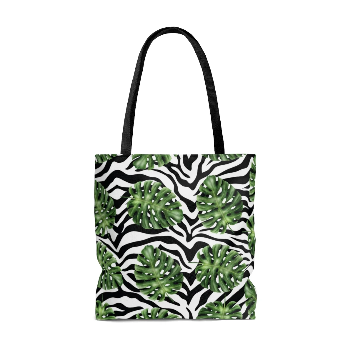 Zebra Green Palm Leaves Black Strap Tote Bag