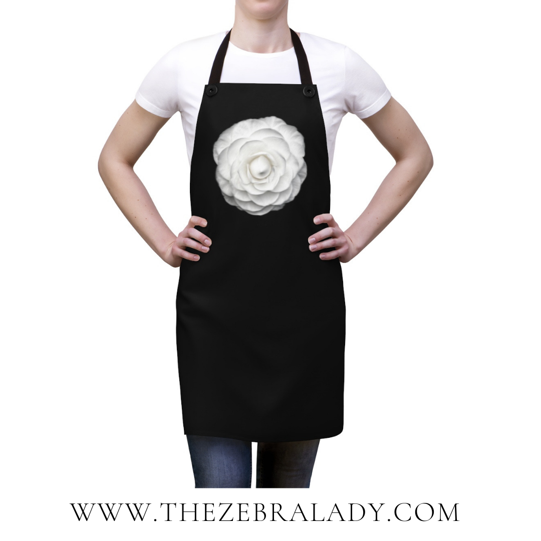 Coco White Rose Art Black Apron