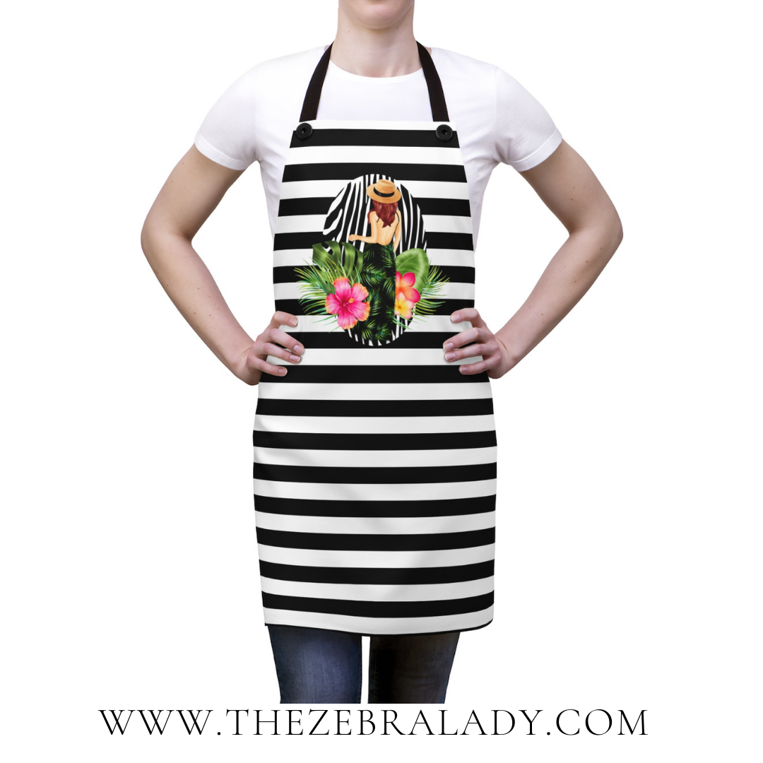 Black White Tropical Girl Palm leafs Apron