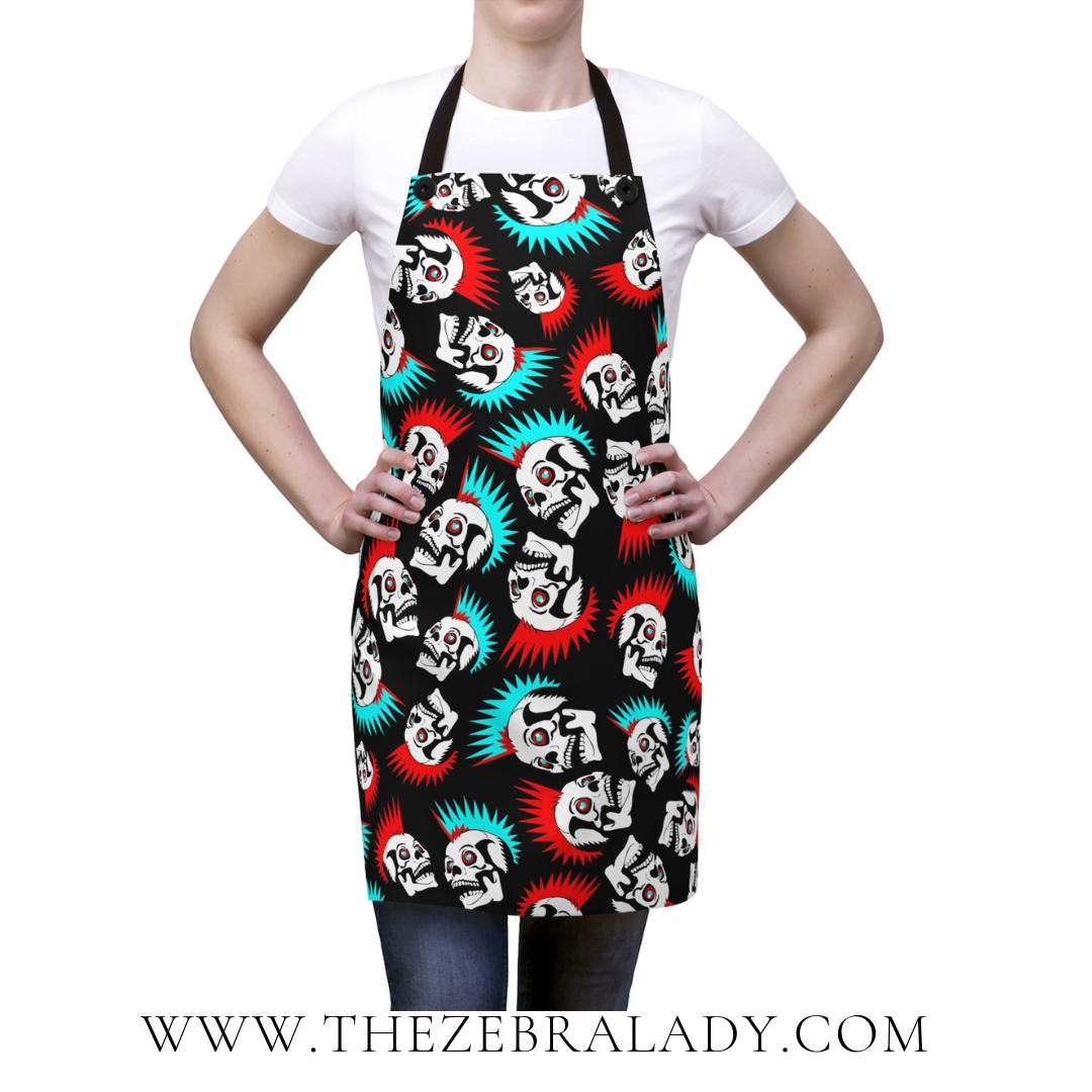 Punk Skull Mohawk Aqua and Red Apron