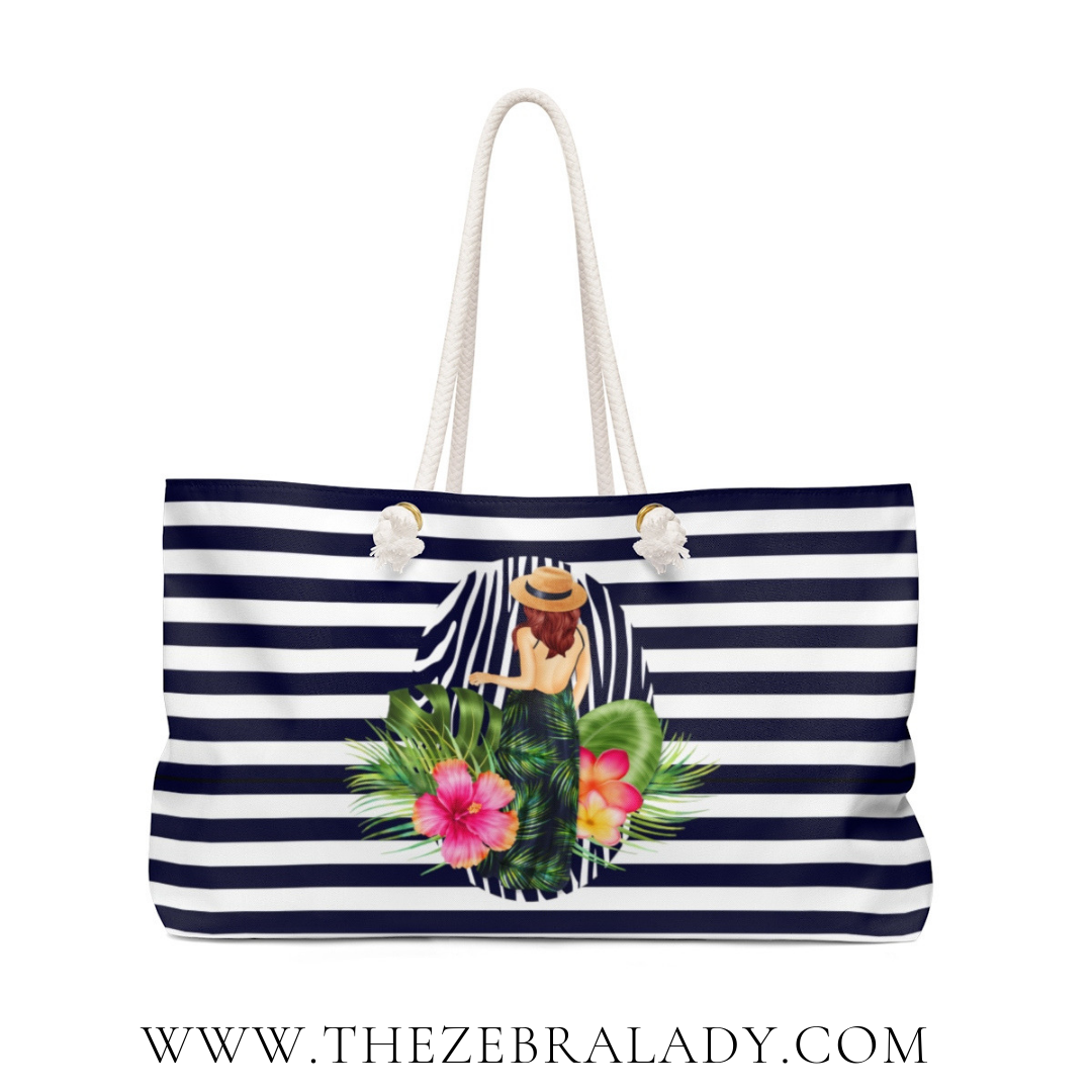 Tropical Girl Stripe Zebra Navy White Weekender Bag Rope Tote