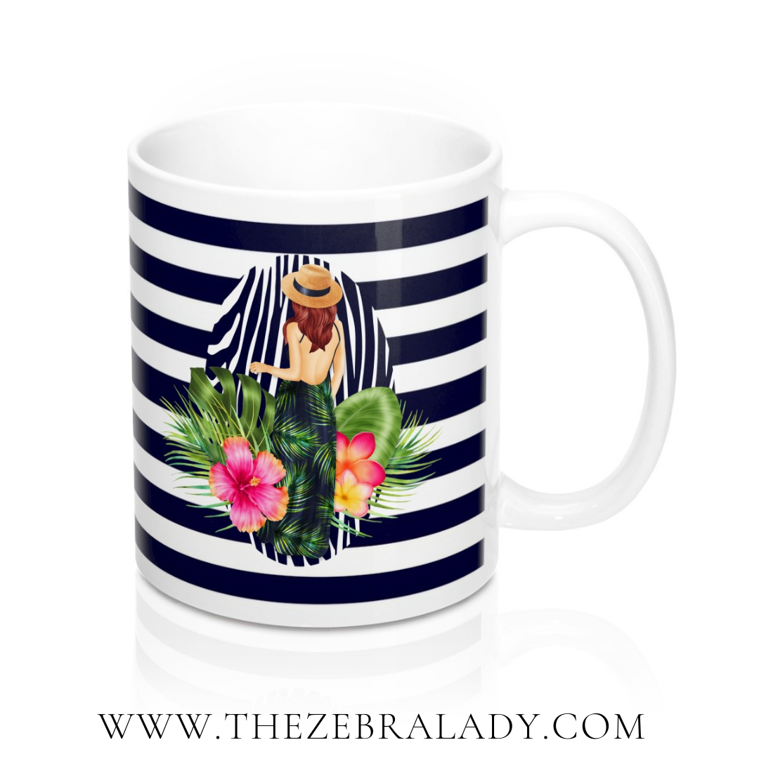 Tropical Girl Palm Navy White Zebra Stripe Coffee Mug 11 Oz