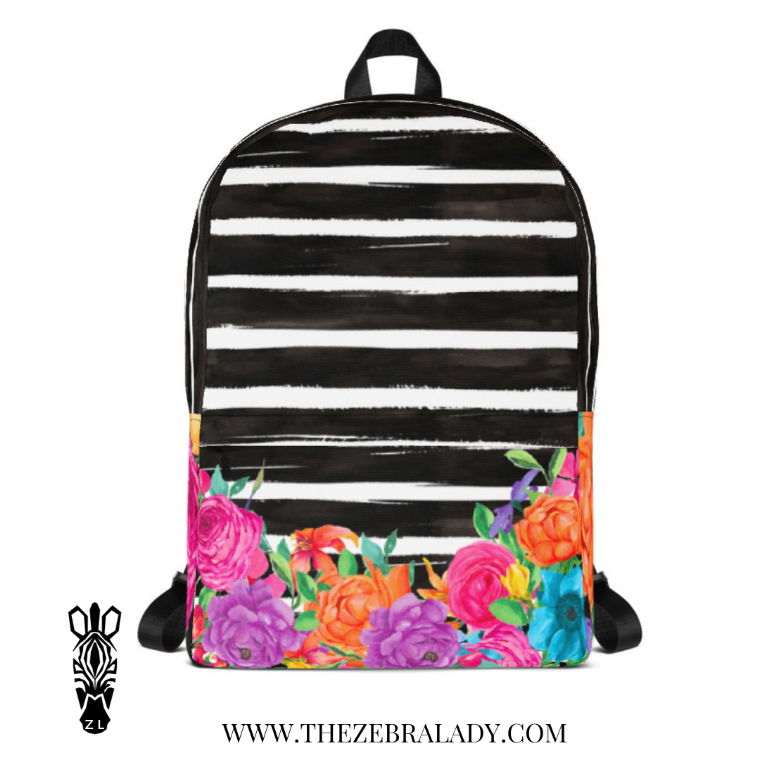 Stripe Watercolor Flowers Backpack