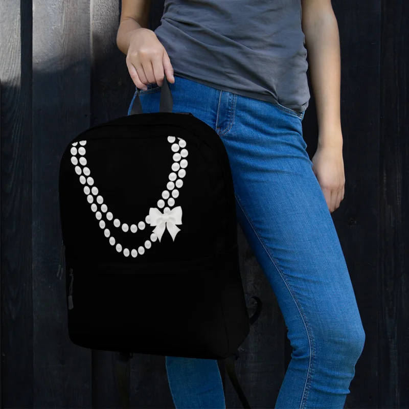 Black Chic Pearl Necklace Print Backpack