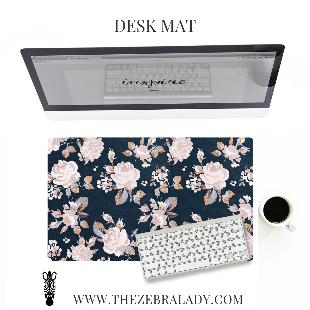 Pale Navy Roses Gold  Desk Mat Pad Size's  18x12 or 24x14