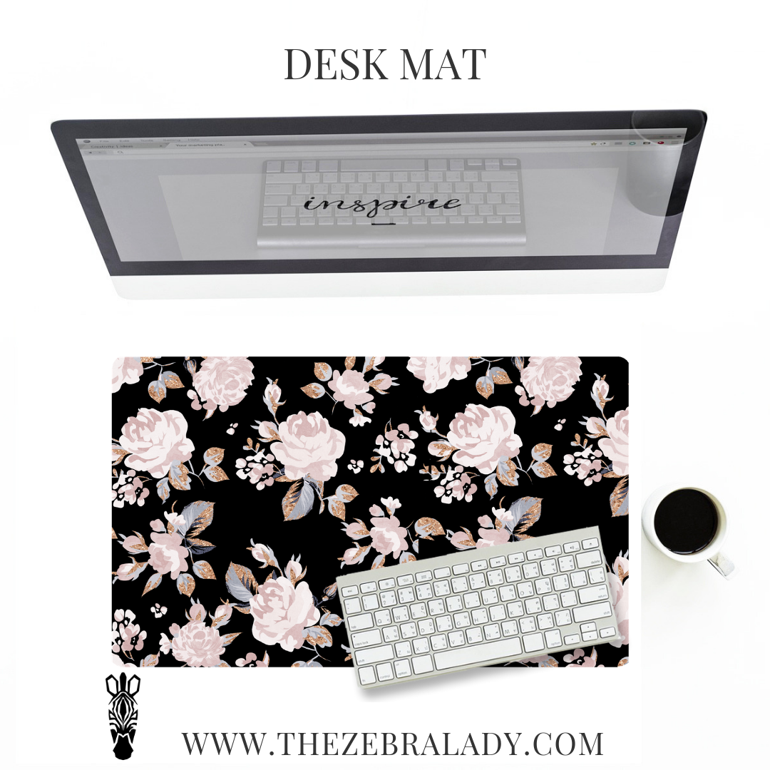 Black Pale Roses Gold Desk Mat Pad Size's  18x12 or 24x14