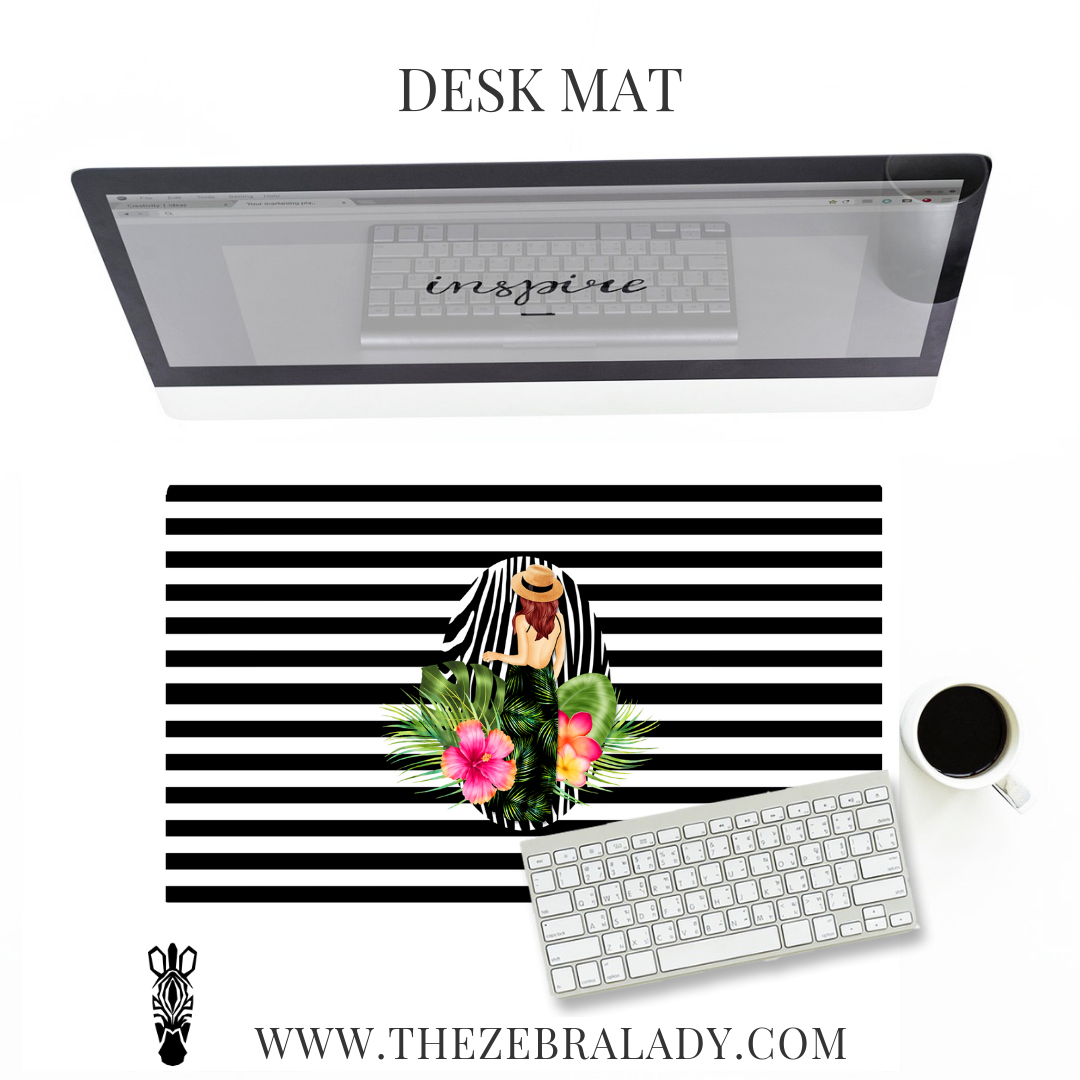 Black Stripe Tropical Zebra Girl Desk Mat Pad Size's  18x12 or 24x14