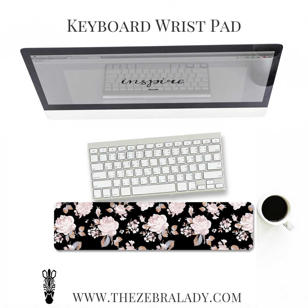 Black Pale Pink Roses Gold Keyboard Wrist Pad