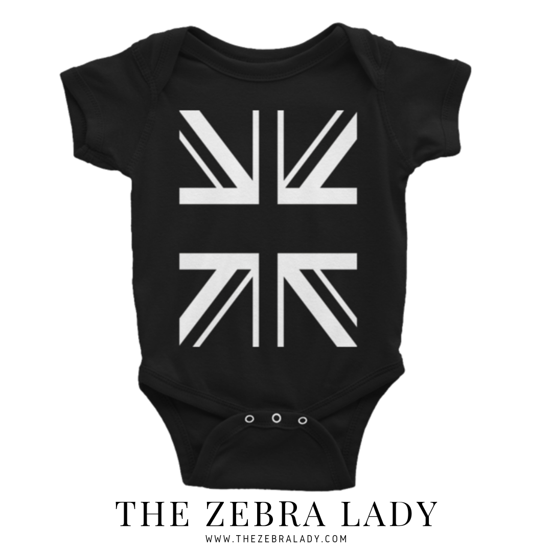 Union Jack Flag White Baby Bodysuit Black