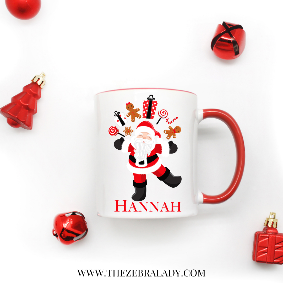 Santa 11 oz White Mug with Red Handle Personalize 