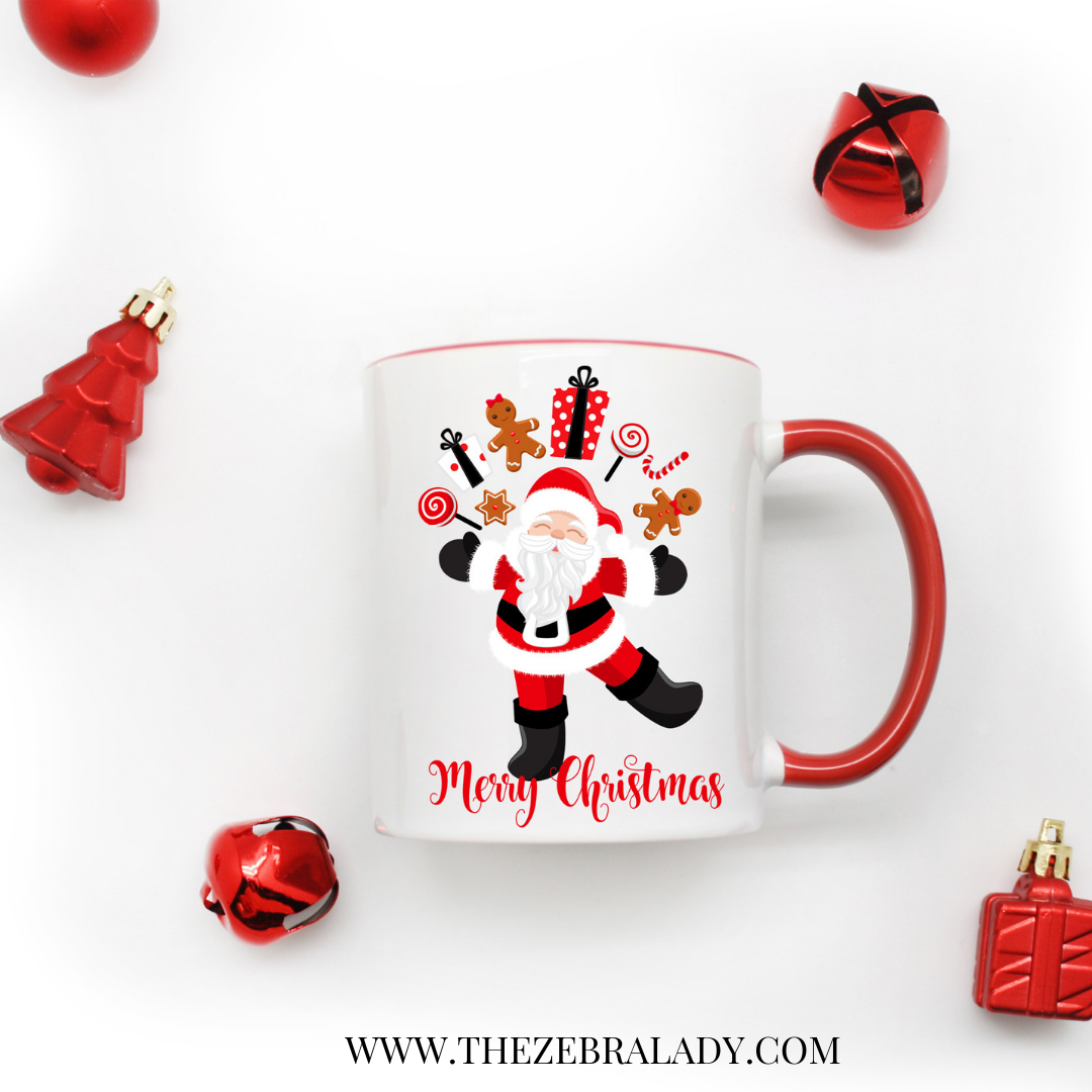 Santa 11 oz White Mug with Red Handle Merry Christmas