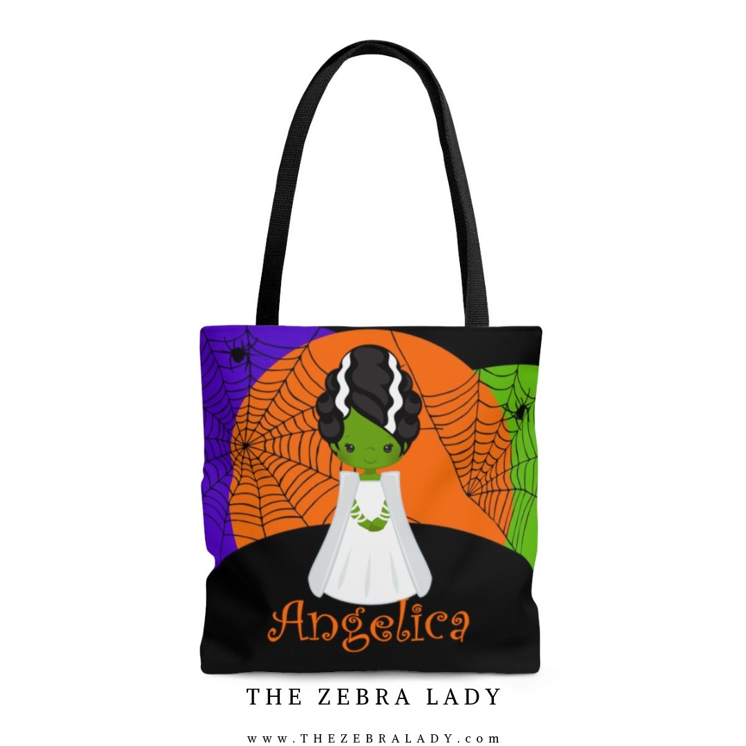 Personalize Name Cute Bride of Frankenstein Halloween Trick or Treat Tote bag