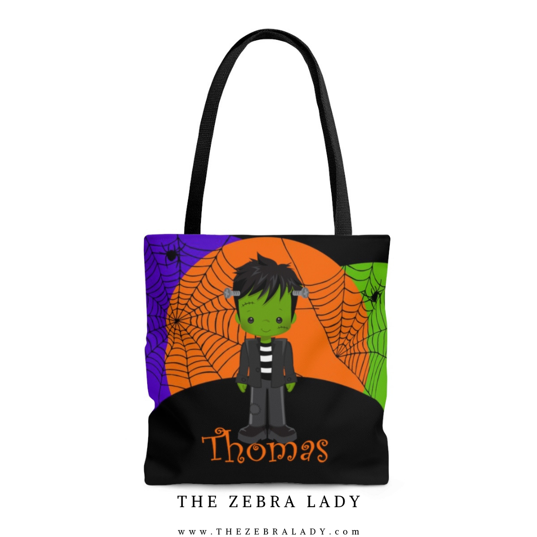Personalize Name Cute Frankenstein Halloween Trick or Treat Tote bag